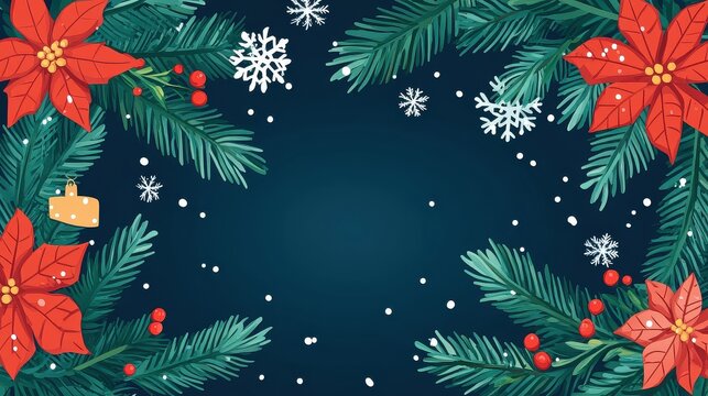 lassy and elegant Christmas theme featuring pine branches, red and gold decorations, golden stars, holly berries, snowflakes, and sprinkles of glitter on a white background