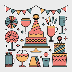 A colorful collection of birthday party elements, including cakes, gifts, and decorations, is artfully arranged.