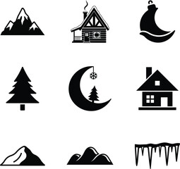 Mountain, cabin, tree, and moon icon set for winter landscape