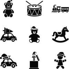 Toy icon set including teddy bear, drum, train, and rocking horse
