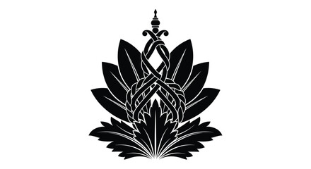 Elegant black and white floral design featuring a stylized sword motif