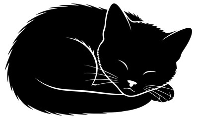Charming Black Cat Silhouette Sleeping Curled Up Isolated Vector Illustration