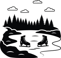 Ice skate icon set on frozen pond with pine tree forest