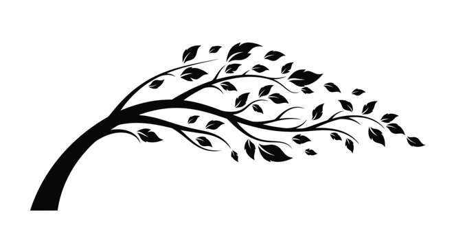 A curving tree branch with leaves swaying in the wind design