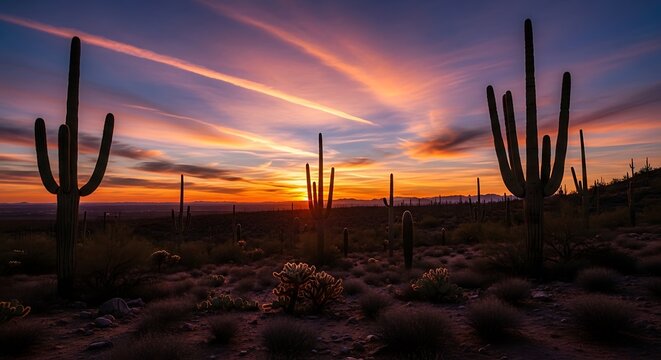 Vibrant desert sunset paints the sky with fiery hues over a silhouette of majestic saguaro cacti and arid landscape