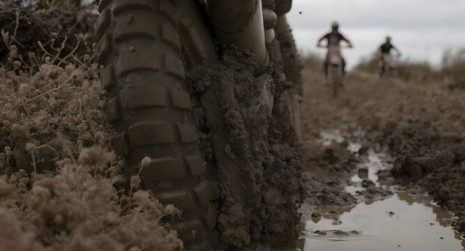 Motorcycle tire spinning through mud and water with riders in a rural outdoor setting