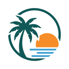 Obraz premium Tropical palm tree sun ocean waves travel nature vacation icon Vector