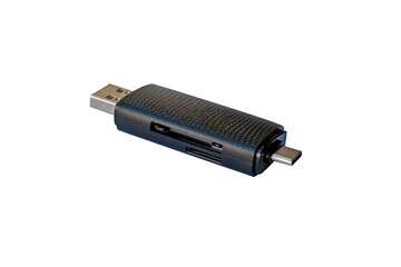 Multi-functional USB card reader with USB-A and USB-C connectors, supporting SD and microSD cards for fast data transfer and portable use