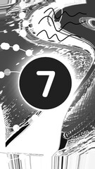 Abstract Monochrome Number Seven Design with Glowing Circular Elements and Dynamic Flowing Lines in Futuristic Black and White Digital Composition. Illustration