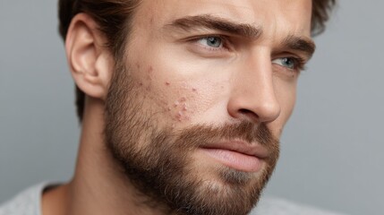 Fototapeta premium close up portrait of man with problem skin and acne on face, background with copy space