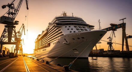 Massive cruise ship docked in shipyard under a dramatic golden sunset with towering cranes