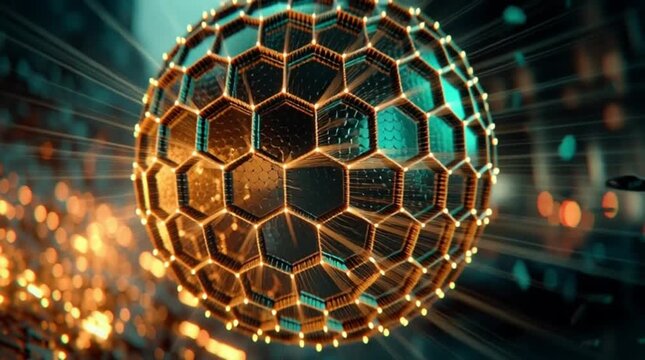 Futuristic glowing hexagonal sphere representing advanced nanotechnology and computational innovation in a dynamic, high-tech digital environment, symbolizing progress and interconnectedness