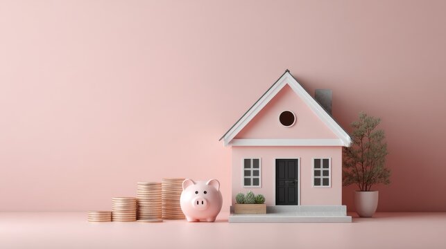 house, coins and piggy bank on pink background