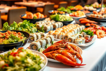 Delicious seafood. Buffet at a sushi restaurant
