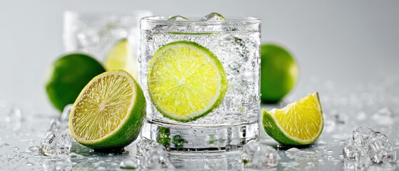 Refreshing drink with lime and ice cubes close up studio shot of a glass of sparkling water with citrus and ice