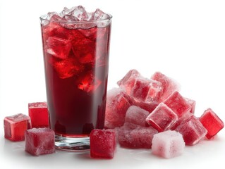 Refreshing red drink in glass with ice cubes on white background studio shot close up vibrant color cold beverage