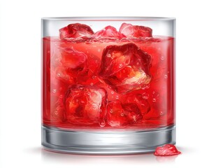 Refreshing red cocktail drink with ice cubes in a glass studio shot on white background close up view