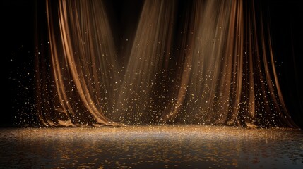 Golden Stage Curtains with Falling Confetti and Dramatic Lighting for Celebration or Performance Backdrop