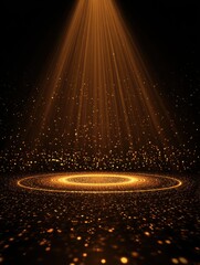 Golden spotlight illuminates a circular stage with shimmering particles in a dark room creating an atmosphere of elegance and anticipation for a grand performance