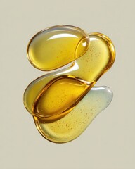 Abstract close up of golden viscous liquid drops with tiny particles on beige background studio shot for beauty or health