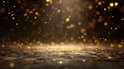 Golden confetti falling on wooden surface in spotlight, low angle celebration background, festive atmosphere, party decoration, abstract design