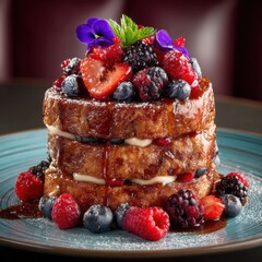 Stacked French toast dessert with berries and syrup close up shot in restaurant setting food photography