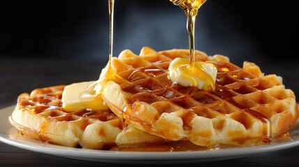 Waffles with Butter and Syrup Being Poured Close Up Food Photography Delicious Golden Brown Breakfast Plate
