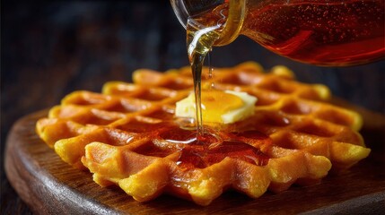 Pouring Maple Syrup onto Waffle with Butter on Wooden Board Delicious Food Close Up Still Life Breakfast