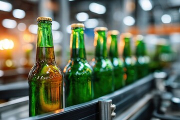 Beer Bottles on Conveyor Belt in Brewery, Close-Up View of Production Line, Manufacturing Process, Green Glass