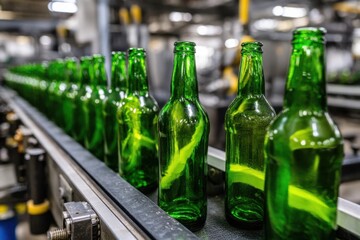 Green Glass Bottles on Conveyor Belt in Factory Production Line Close Up Industrial Manufacturing Process