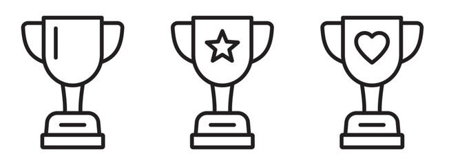 Trophy Cup Line Icon Set – Award and Victory Symbols with Heart and Star Designs.