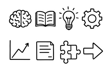 Fototapeta premium Linear icons set: brain, book, lightbulb, gear, graph, document, puzzle, arrow