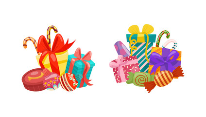 Two piles of gifts and candies