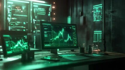 Desktop computer displaying financial stock market chart data - Powered by Adobe