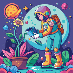 Astronaut Tending to a Plant in Outer Space astronaut tending