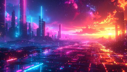 Glowing cityscape with towering structures, digital roads, and vibrant pink-blue gradients merging with a fiery sunset