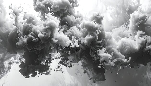 Gray smoke plumes mixing; fluid dynamics creating abstract shapes and textures on a white background
