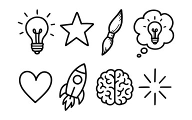 Naklejka premium Creative icon set: lightbulb, rocket, brain, and more in outline style