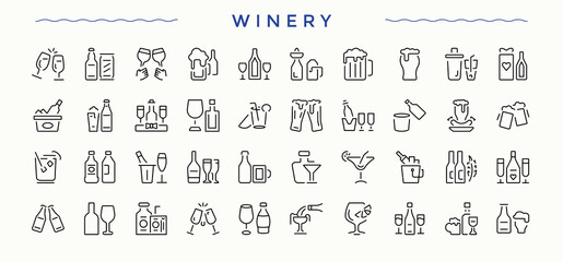 Winery icon pack. Thin web icons. Winery icon set. Contains such symbols as cocktail, wineglass, vineyard, winemaking, wine, factory and more.