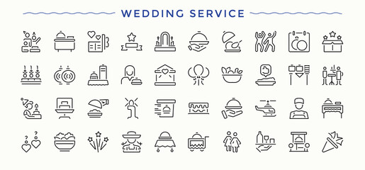 Wedding Service icon. Outline icons pack. Editable stroke. Vector collection. Wedding icon set. Included service, catering service, lighting services, event and more.