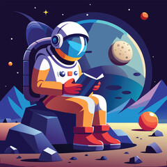 Astronaut Reading in Outer Space Surrounded by Planets astronaut reading