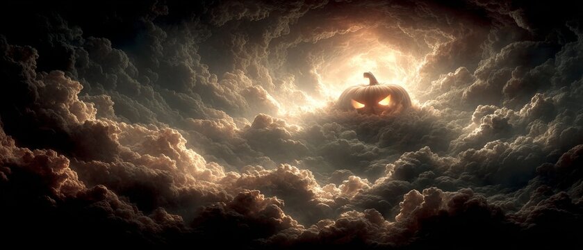 Eerie glow of halloween night: the archetypal sinister pumpkin. Clean retouch. Mystical floating lantern: enhanced spookiness with atmospheric details. Commercial image. High resolution.