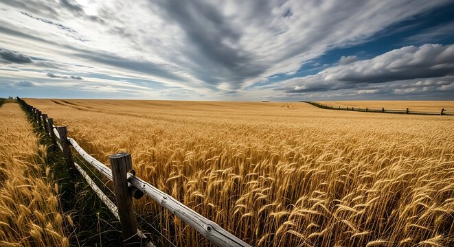 Golden wheat field stretches to the horizon under dramatic, cloudy skies, with a weathered wooden fence guiding the eye.