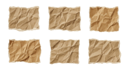Six crumpled brown paper squares transparent background cutout png