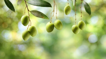 Fresh green olives hanging on branches in an orchard on a sunny day with bokeh background close up shot