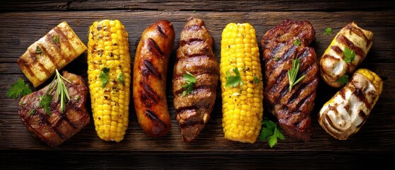 Overhead Shot of Grilled Steak Sausage Corn and Halloumi Cheese on Dark Wood Surface Summer Barbecue Feast