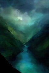 River flows through a deep canyon landscape painting with dramatic light and shadow in a vertical format