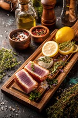 Seared Tuna Steaks on Wooden Board with Lemon and Herbs Gourmet Food Still Life Close Up