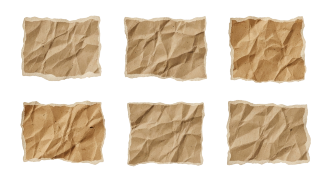 Six crumpled brown paper squares transparent background cutout png