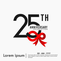 25th years anniversary celebration with red ribbon on white background. vector illustration template design for web banner, flyers, poster, greeting card